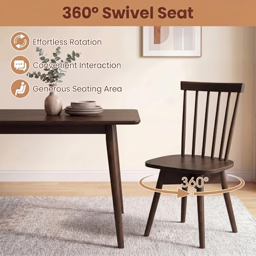 Image of COSTWAY Swivel Windsor Dining Chairs Set of 2, Farmhouse Solid Rubber Wood Kitchen Side Chair w /Curved Spindle Back, Armless Accent Chairs for Home, Dining Room, Living Room, Restaurant (Walnut)