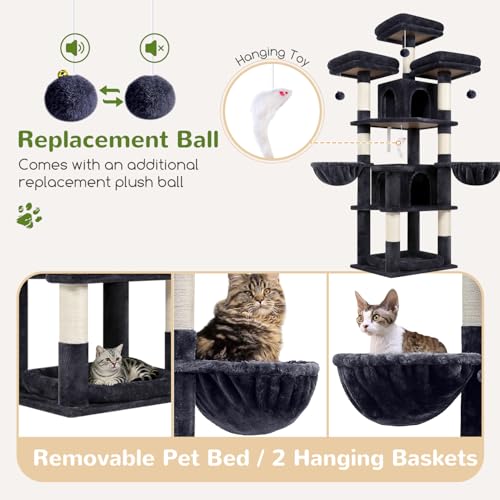 Image of Globlazer Big XL Cat Tower for Indoor Multiple Cats, F68B, Dark Grey | 68 inch Cat Tower for Adult Cats Cat Tree with Scratching Post, 3 Perches, 2 Condos, 2 Basket, Removable Pet Bed