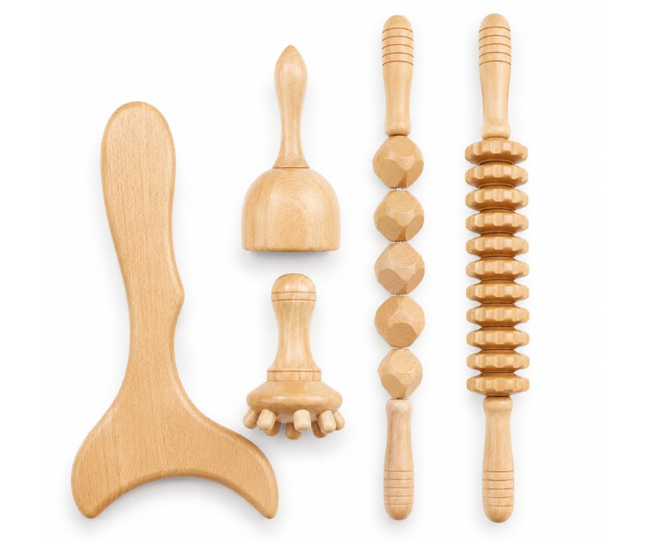 (5 PCS) Set Maderoterapia Profesional masaje de celulítis, Drenaje Linfático - Rodillos de masaje, Copa Sueca, Champiñón, Tabla Moldeadora - Herramientas de Madera para cuidado corporal
