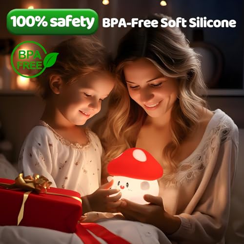 Image of Mushroom Night Light, Squishy Silicone Lamp for Kids, Tap Control, 2 Brightness Levels, 50H Battery, Auto Timer, Bedside Nursery Desk Decor