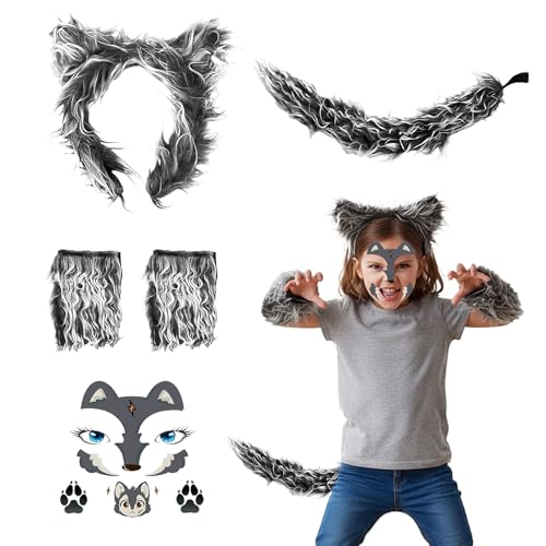 Xerteam Juego de 5 accesorios de disfraz de lobo, orejas de lobo, guantes, cola de lobo, lobos, calcomanías para la cara, disfraces para niños y adultos, bonito disfraz de animal para Halloween