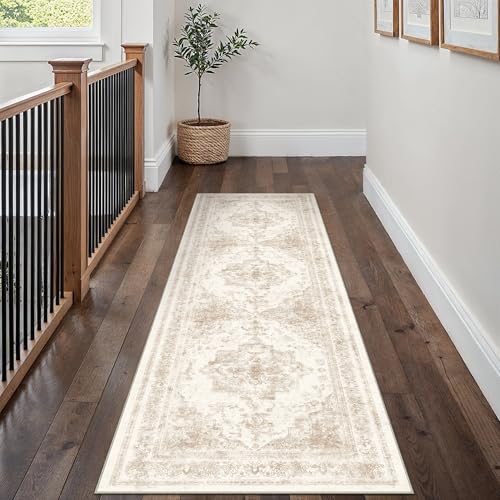 Runner Rug 3x8 Cream Hallway Washable Beige Carpet Non Slip Vintage Medallion Beige Carpet Low Pile Soft Distressed Retro Indoor Long Rug for Entryway Kitchen Bathroom Laundry Bedroom
