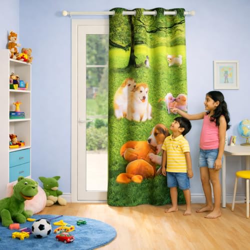 Image of Swayam Blackout Polyester Kids Window Curtain for Living Room & Bedroom | 5 Feet | Room Darkening Curtain with Eyelets | Pack of 1 | Puppy Design - Green