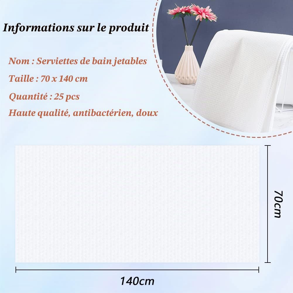 Serviette de Bain Jetable 25pcs, 70 x 140cm Serviette Épaissie Jetable en Tissu Non Tissé pour Voyage, Hôtel, Camping, Salon de Beauté, Spa (70 x 140cm)