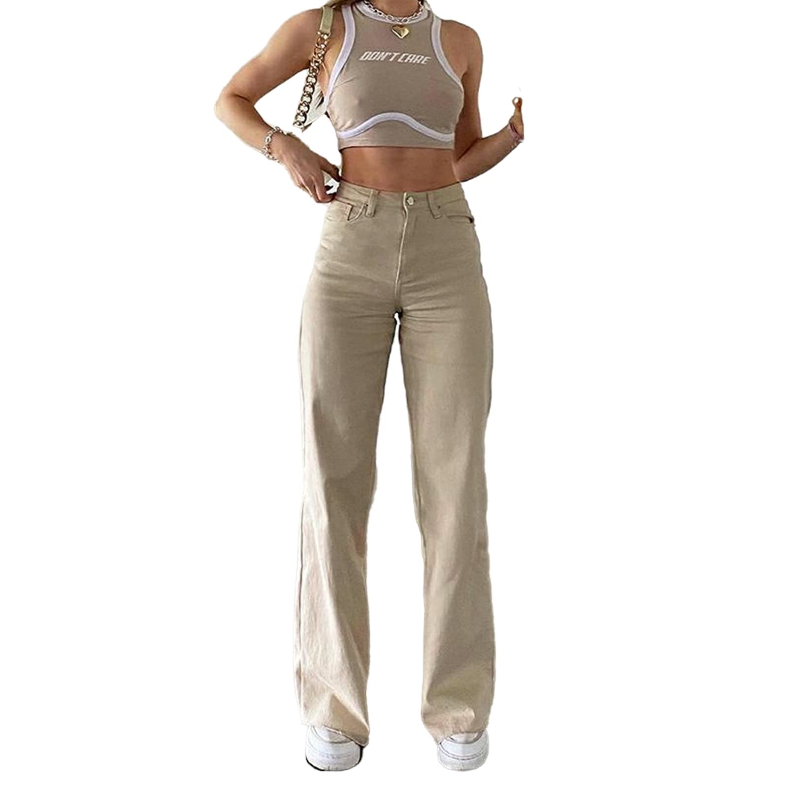 UKKO Jeans da Donna Pantaloni da Femamel della Gamba Larga della Gamba Larga della Vita del Jeans Allentato dei Jeans