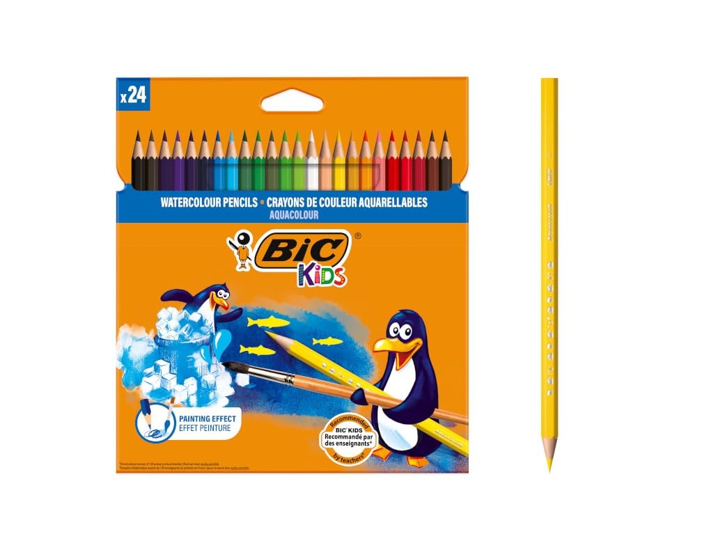 BIC Kids Matite Colorate Acquerellabili, Aquacouleur, Colori Assortiti, Confezione da 24 Matite, Colori per Bambini a Casa e a Scuola