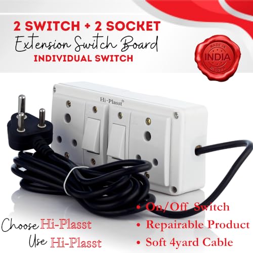 Image of Hi-Plasst 2+2 Pin Extension Board with 2 Switches & 2 Sockets, 6A, 4-Yard Long Cord - Wall-Mountable Power Hub for Home, Office, Diwali Lights, Christmas Decor & Kitchen Appliances