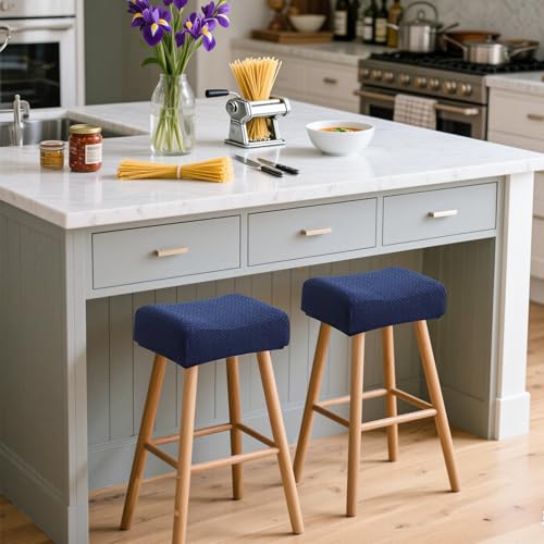 Image of Waterproof Rectangular Bar Stool Covers Navy Blue Set of 2 Stretchable Jacquard Backless Barstool Seat Cover Counter Bar Stool Slipcovers Washable