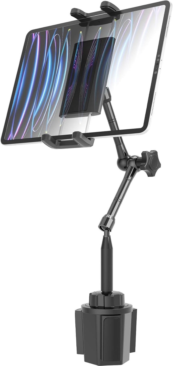 Metall Getränkehalter Auto Tablet Halterung Mit Einstellbar Metall Arm, PKW LKW Becherhalter Handyhalter für iPad Pro10.5, 11, 12.9, iPad Air Mini 6 5 4, Samsung, und Tablet mit 4.7-13 Zoll