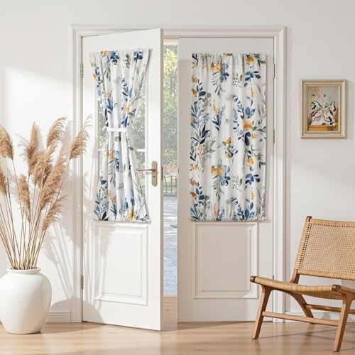 Image of MYSKY HOME Floral French Door Curtains 40 inch Long Set of 2 - Blackout Privacy Sidelight Door Window Drapes with Rod Pocket, Yellow and Blue, 24 inch W Each Panel