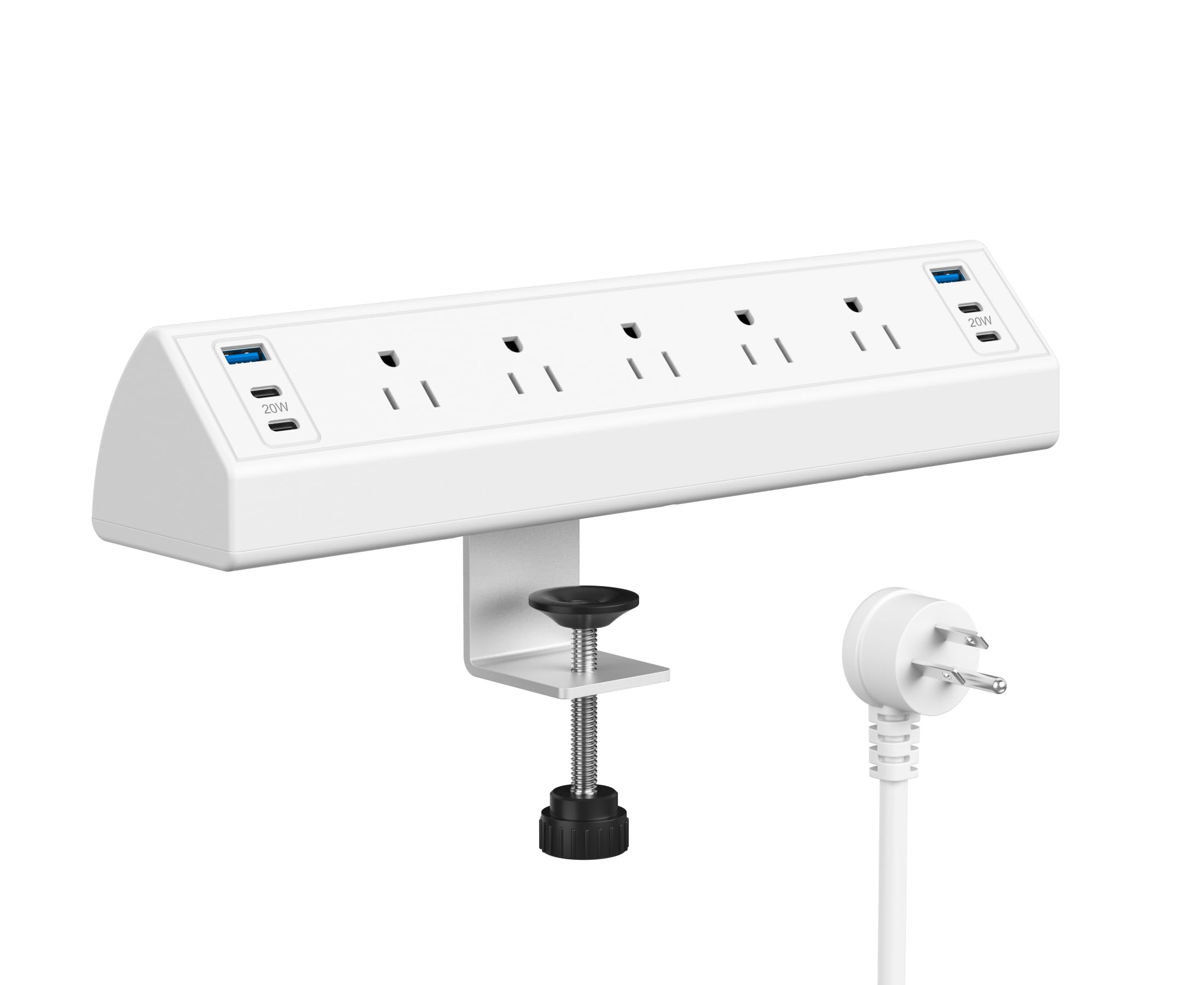 Desk Clamp Power Bar USB C 40W,4 PD 20W USB C,Desk Edge Mount Power Strip, 5 AC Outlets Surge Protector,Fit 1.96" Tabletop Edge,ETL Listed (White, 5 Outlets)