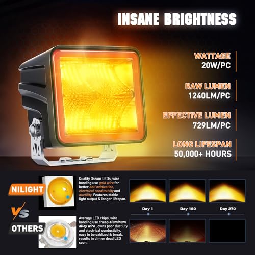Image of Nilight 3 Inch Cube Amber LED Pod Light Bar 20 W 1240LM Super Flood Screw-Less Offroad Driving Work Lights w /16AWG DT Wiring Harness Kit for Truck UTV 4x4 ATV Motorcycle