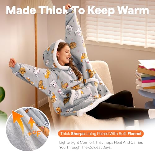 Image of Giggling Getup Wearable Blanket Hoodie for Adults Gifts for Teen Girls Sister Women Sherpa Fleece Printed Hooded Blanket Sweatshirt Warm Cozy with Pocket & Sleeves Grey Cat