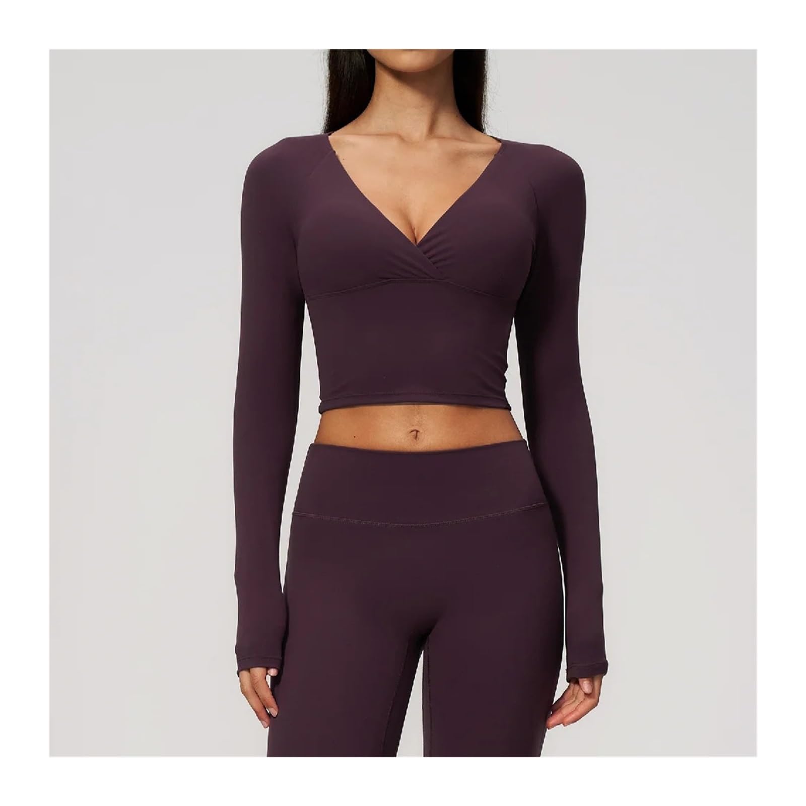 Top Yoga a Maniche Lunghe Donna T-Shirt da Yoga a V Profonda Donna | Camicie da palestra for corsa fitness a maniche lunghe sportive slim fit Manica lunga sportiva