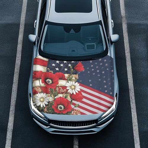 Image of American Flag and Red Poppy Hood Cover for Car SUV Sedan Truck, Waterproof Elastic Polyester Car Hood Protector, Patriotic Decorative Automotive Accessories for Summer