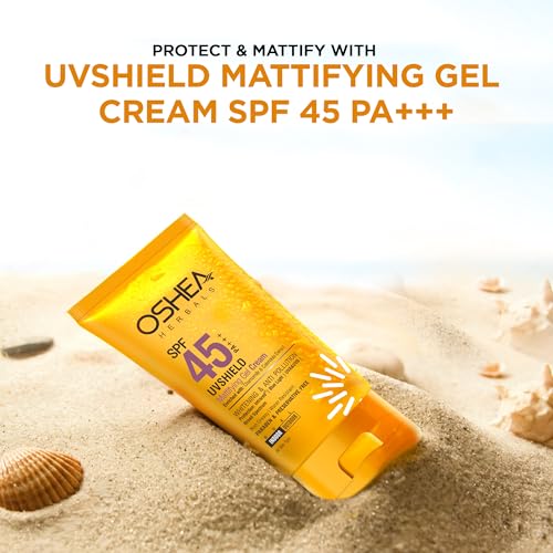Image of Oshea Herbals UVShield Mattifying Gel Sunscreen SPF 45 PA+++ for Men & Women | Non-Greasy & Water-Resistant with UVA & UVB Protection | Enriched with Chamomile Extract - 60g