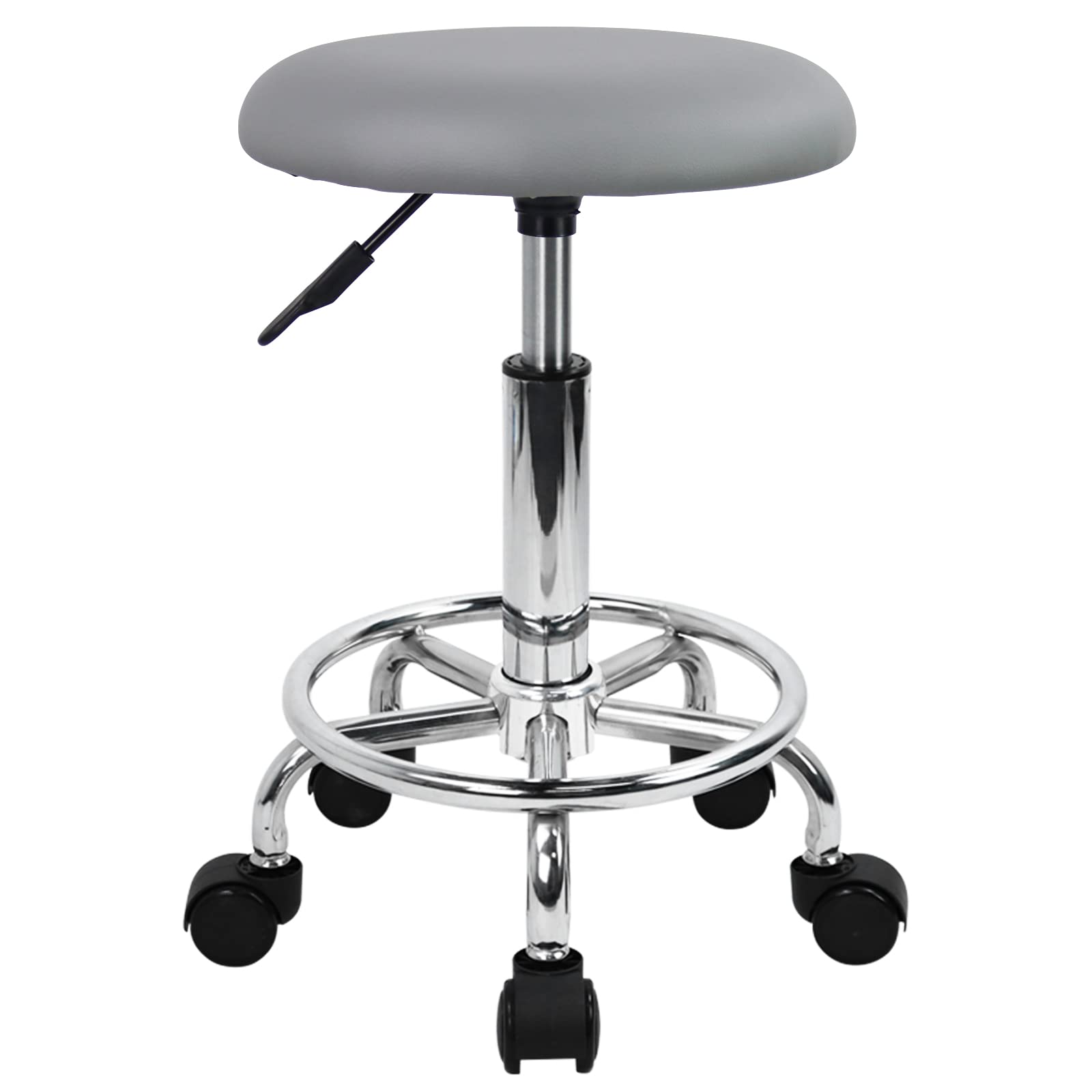 KKTONER Taburete con Ruedas y reposapiés de Piel sintética Taburete de Trabajo Redondo Giratorio 360° Taburete de Oficina con Altura Ajustable 49-64cm Gris