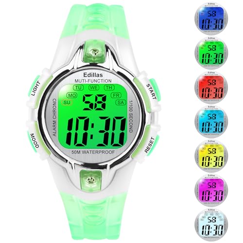 Image of Edillas Kids Digital Watch with 7 Color LED Light, Kids Toys Wristwatch, Children's Jewelry,School Gifts for Boys Girls, Built-in Battery, Long Lasting Batteries. (Green-Y856)