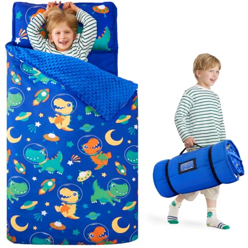 Image of JOIEDOMI Toddler Nap Mat with Removable Pillow and Minky Blanket 55''x30'' Kids Sleeping Bag for Boys and Girls Ages 3-6 Roll Up Soft Nap Mats for Preschool Kindergarten Daycare Sleepover