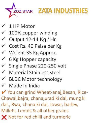 Image of ZOZ STAR Pulverizer Machine for Masala Grinder,Atta chakki 2 in 1 Stainless Steel Flour Mill, Domestic Aata Maker, (O Golden Chamber) Automatic 2 in 1 Pulveriser-1 HP Warranty 10 Years T767