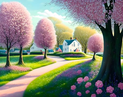Poster mural sur toile cornouiller fleuri petite rue de ville deco murale moderne 50 x 70 cm