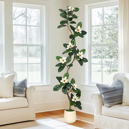Rubber Tree 7FT Artificial Tree in White Planter Pot,Faux Plants Indoor Faux Floor Plant Artificial Plants with 8 Pcs Magnolia Flowers for Home Decor, Artificial Fiddle Leaf Fig Tree for Office