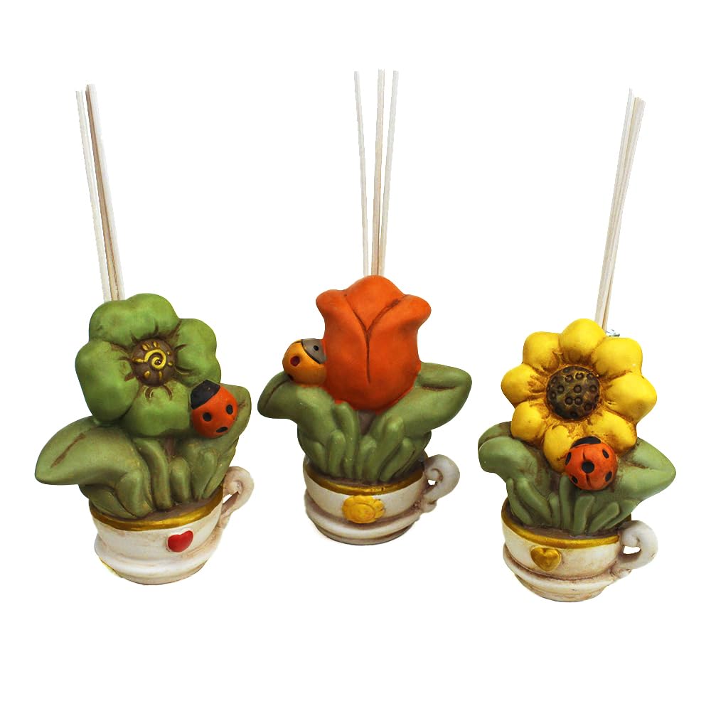 DLM-A111 kit 6 Bomboniere profumatore in vetro e porcellana girasole tulipano e quadrifoglio con coccinella portafortuna completi di scatole regalo e profumo