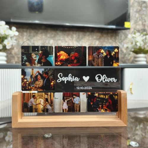 Image of Custom Photo Collage LED Lamp | Personalized Acrylic Night Lamp with Wooden Base | Photo Frame Light with Name | Couple Gift | u Shape (Large(13 * 8.5), u Shape)