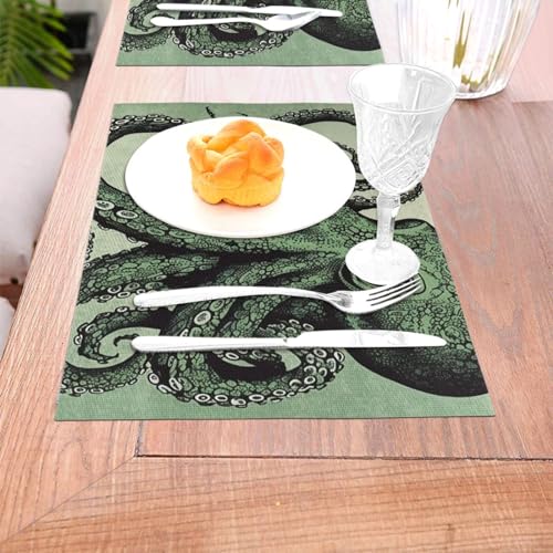 Lot de 4 sets de table PVC lavables vert imprimé pieuvre pour dîner fête