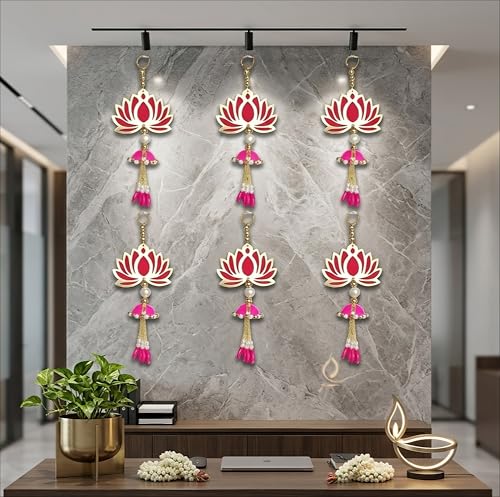 Image of Handcrafted Decorative Wall Decor Lotus Jhumki Hanging Ornament for Ganpati Diwali Navratri and Pooja Setup Home Entrance Mandir Temple Decor Pack of 6