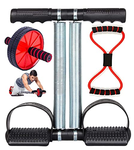 Image of Double Tummy Trimmer & Ab Wheel Roller & Toning Tube Abs Exerciser Burn Belly Fat Off Extra Calories Abdominal Weight Loss Abdominal Abs Exercise Equipment Home Gym Men Women