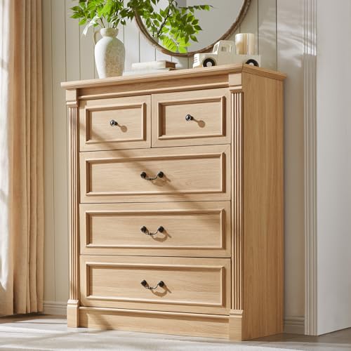 Image of 5 Drawers Dresser for Bedroom, Farmhouse 46 inch Tall Dressers & Chests of Drawers w /Roman Column, Wood Rustic Closet Dresser w /Two Different Drawer Sizes for Bedroom, Living Room, Natrual