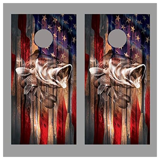 Lets Print Big Rustic Wood Bass Fish American Flag Fade Cornhole Board Decal Wrap