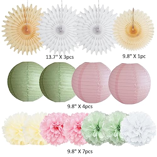Décorations de fête vert sauge et rose pastel, vert sauge, rose et doré, lanternes en papier blanc, éventails beiges pour fête prénatale, anniversaire, fête prénuptiale, mariage, fiançailles – vue 6