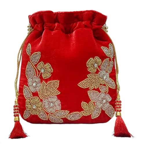 Image of Velvet Potli Bag with Golden & Silver Beaded Flower Embroidery - Handcrafted Ethnic Drawstring Bag for Weddings, Parties & Festive Gifts - Beaded Handle & Tassels for Women