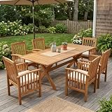 Christopher Knight Home Koliko 7 Piece Acacia Wood Outdoor Dining Table Set for 6, Extendable Dining Table and 6 Chairs with Cushion, Slatted Wooden Outdoor Patio Furniture Set, Brown+Teak+Beige