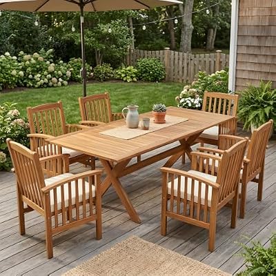 Christopher Knight Home Koliko 7 Piece Acacia Wood Outdoor Dining Table Set for 6, Extendable Dining Table and 6 Chairs with Cushion, Slatted Wooden Outdoor Patio Furniture Set, Brown+Teak+Beige