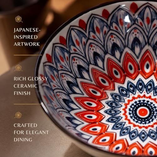 Image of Japanese Ceramic Bowl Set of 4 with Gift Box | 300ml Soup Rice Snack Dessert Bowls, Hand Painted Mandala Patterned Bowls | Microwave & Dishwasher Safe Serving Bowls (Mandala Muse)