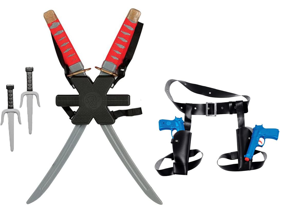 Mercenary Set Double Sword Backpack & Double Gun Thigh Holster Set Assassin Warrior Toy Weapon Super Hero Adult Fancy Dress Accessory