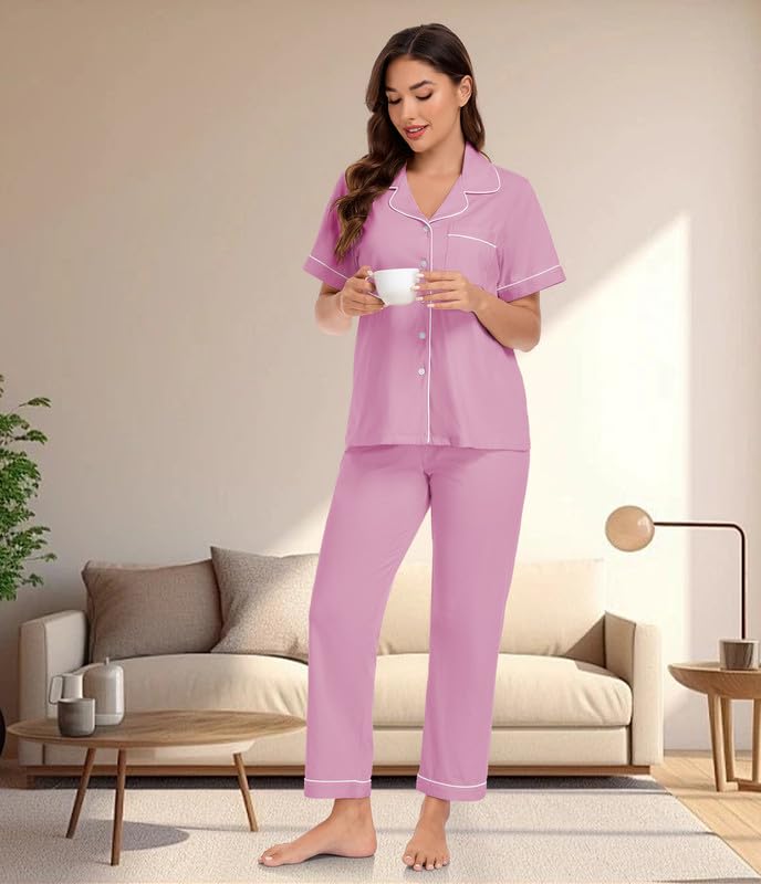 Image of CF 100% Cotton Pajamas for Women Set 2 Piece Short Sleeve Tops and Long Pants Comfy Well-Fitted Loungewear Set Pj Sets