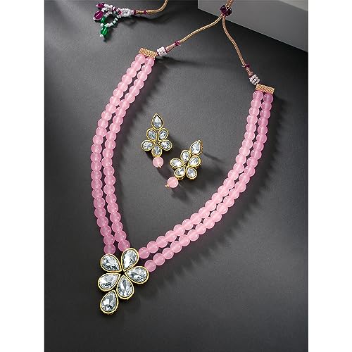 Image of Peora Crystal Faux Pearl Kundan Necklace & Jewellery Set Gift for Women