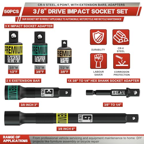 Image of 3 /8 inch Drive Impact Socket Set, 50-Piece Standard SAE 5 /16 to 3 /4 inch and Metric 8-22mm, Cr-V Steel, 6 Point, with Extension Bars and Adapters, for Impact Wrenches, Automotive and Home