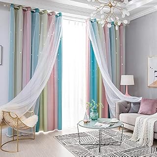 Decdeal Star Curtains Stars Blackout Curtains for Kids Girls Bedroom Living Room Colorful Double Layer Star Window Curtains, 1 Panel