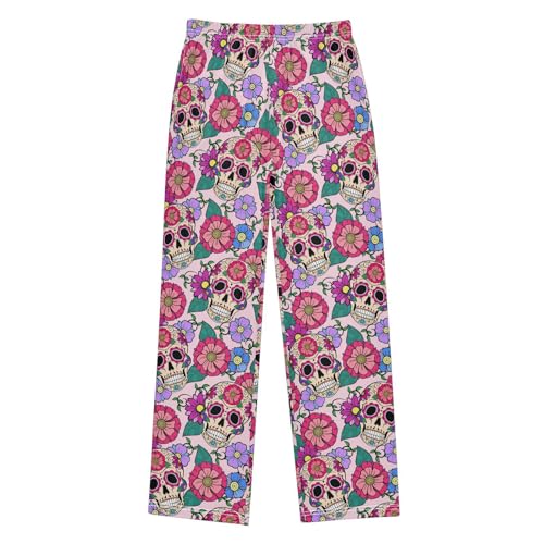 Skull Daisy Flowers Boys Long Pants Soft Trousers Elastic Waist Kids Lounge Bottoms with Pockets S-XL