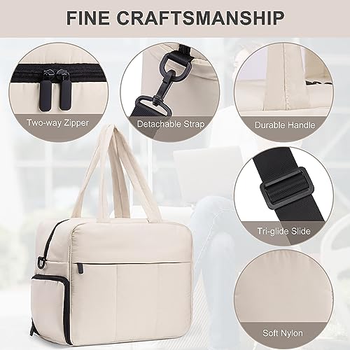 Juoxeepy-Travel-Duffel-Bag-Quilted-Nylon-Weekender-Bag-Puffer-Gym-Tote-Bag-for-Women-Carry-on-Duffel-Bag-with-Shoe-Compartment-Overnight-Bag-Beige