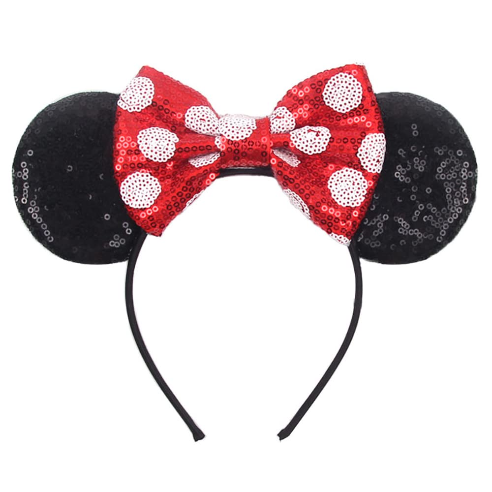 Foeran Mouse Ears Headbands, Sequin Mouse Ears Headband with Bow for Kids Adults Women, Accessories for Birthday Party Cosplay Costume(white dot red bow)