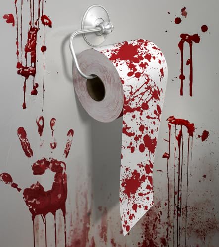 FIESTAS GUIRCA | Rollo WC Ensangrentado Papel 2 Capas (30m) - Decoración de Miedo para Halloween y Fiestas Terroríficas - Ideal para Atrezzo de Escenarios Espeluznantes y Celebraciones - Rojo Blanco