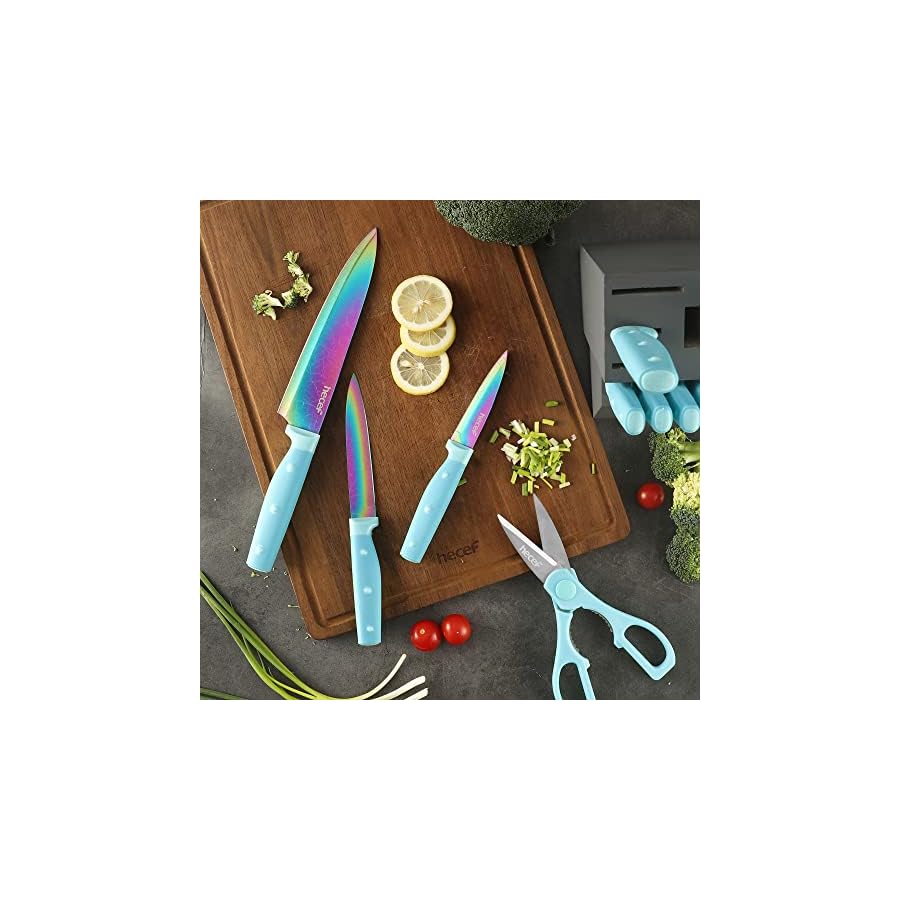 hecef-14-Pieces-Knife-Set-with-Block-Rainbow-Titanium-Knives-Set-with-Laser-Pattern-Martensitic-Stainless-Steel-Chef-Knife-Set-with-Sharpener-Steak-Knife-ScissorsBlue hecef 14 Pieces Knife Set with Block, Rainbow Titanium Knives Set with Laser Pattern, Martensitic Stainless Steel Chef Knife Set with Sharpener, Steak Knife, Scissors, Mothers Day Gift