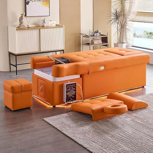 MegLob Head Spa Bed, Japanese Shampoo Bed & Electric Lift Massage Table-in-1, Professional Beauty Salon Shampoo SPA Bed, with Foot Bath Fumigator/Spa Basin/Water Cycle, Head Spa Equipment,Orange