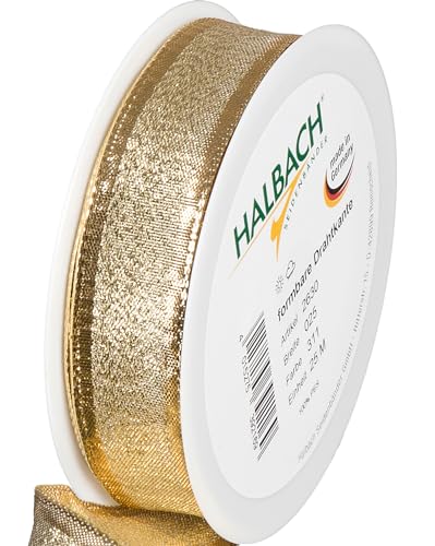 Halbach Seidenbänder Gold Gift Ribbon - Made in Germany - with Malleable Wired Edges, 25 mm